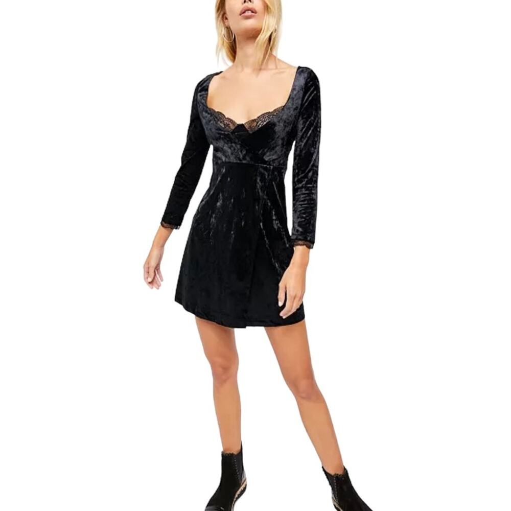 FREE PEOPLE Kat Black Velvet Lace Mini Dress Women’s Size XS